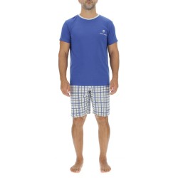 Ensemble Pyjama court homme en coton à carreaux et Logo poitrine
