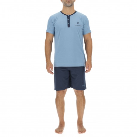 Ensemble Pyjama court homme en coton uni col boutonné & Logo poitrine