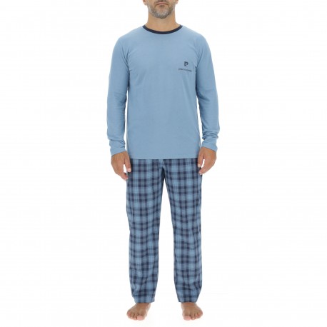 Ensemble Pyjama long homme en popeline à carreaux et Logo poitrine