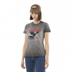 T-shirt femme uni flammé à col rond et print devant Fast