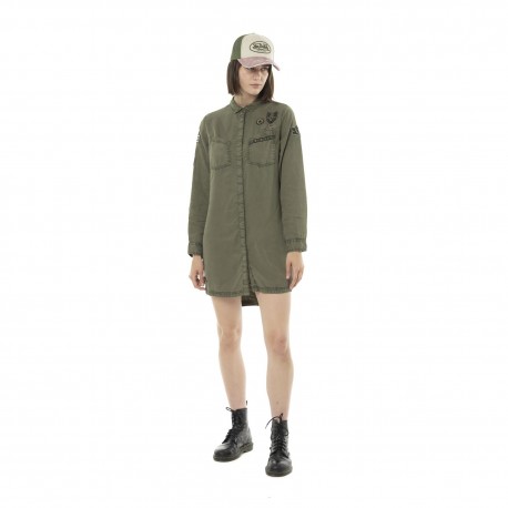 Robe Chemise femme délavée manches longues avec patchs