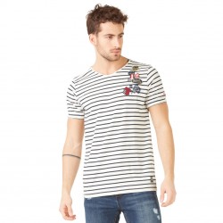 T-shirt Col V homme Von Dutch rayé Ecru et Marine