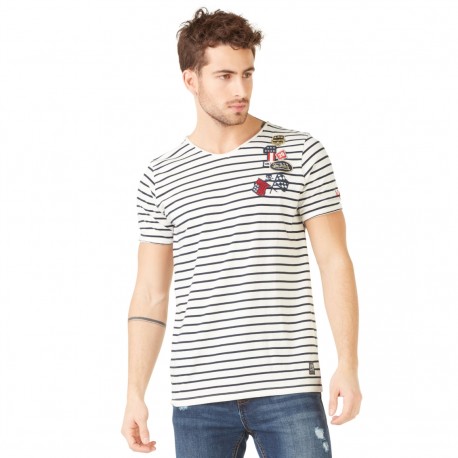 T-shirt Col V homme Von Dutch rayé Ecru et Marine